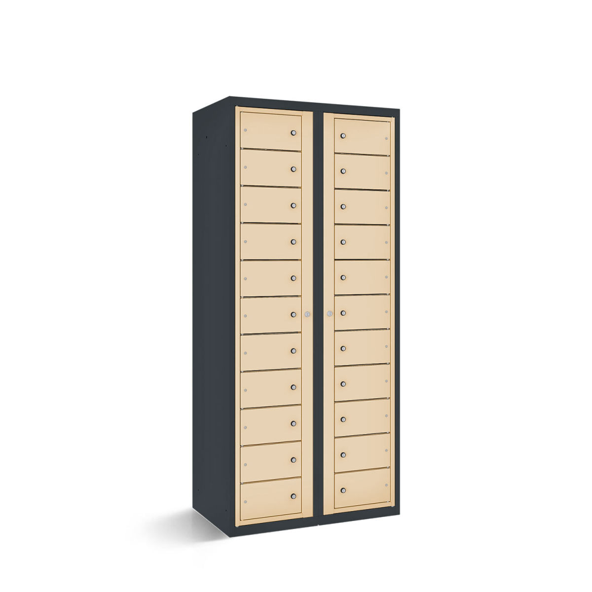 rotstahl Fächerschrank mit Zentraltüren 22 Fächer mit anthrazitgrauem Korpus 80x50x180 cm (BxTxH); elfenbein