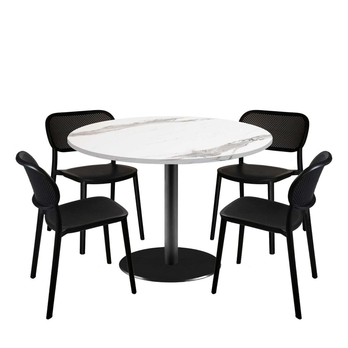RestooTab Esstisch-Set Rome XL mit 4 Stühlen - Dekor Stein 120x120x75x120 cm (LxBxHxØ); weiß/grau/marmoriert; Gestell schwarz; rund