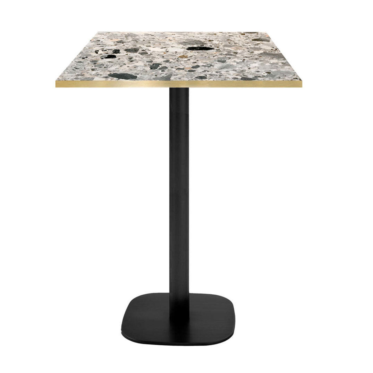 RestooTab Stehtisch Round quadratisch - Kanten messingfarben 60x60x113 cm (LxBxH); Platte steingrau/terrazzo/messing, Gestell schwarz; quadratisch