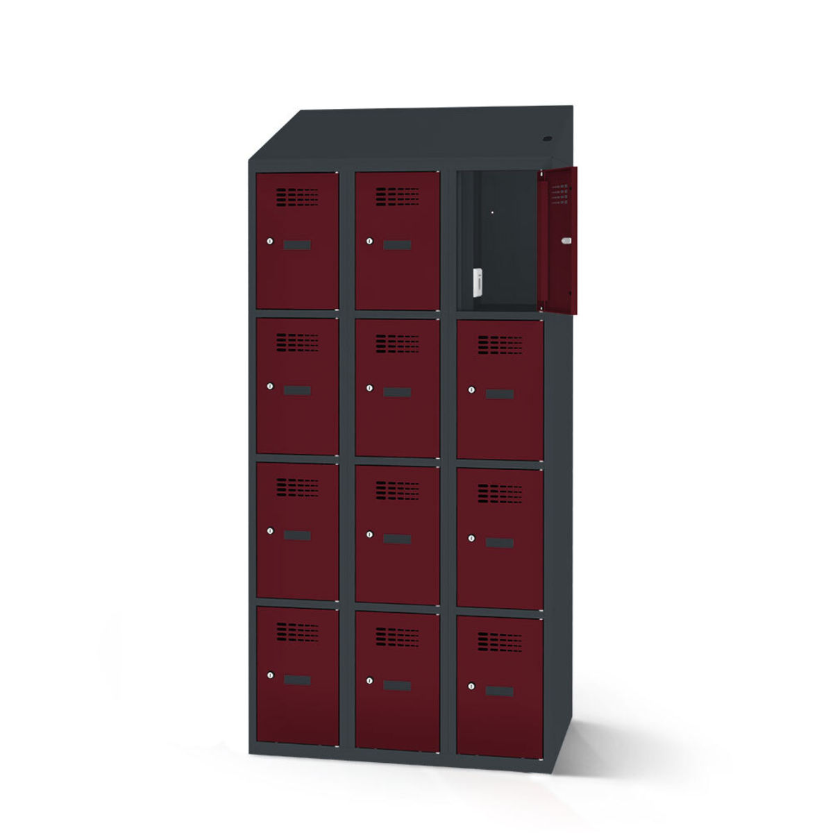 rotstahl Fächerschrank mit Ladefunktion 12 Fächer 3x4 mit anthrazitgrauem Korpus 90x200 cm (BxH); bordeaux