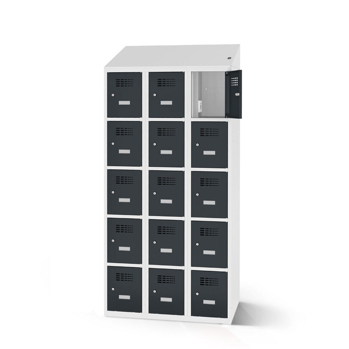rotstahl Fächerschrank mit Ladefunktion 15 Fächer mit lichtgrauem Korpus 90x200 cm (BxH); anthrazit