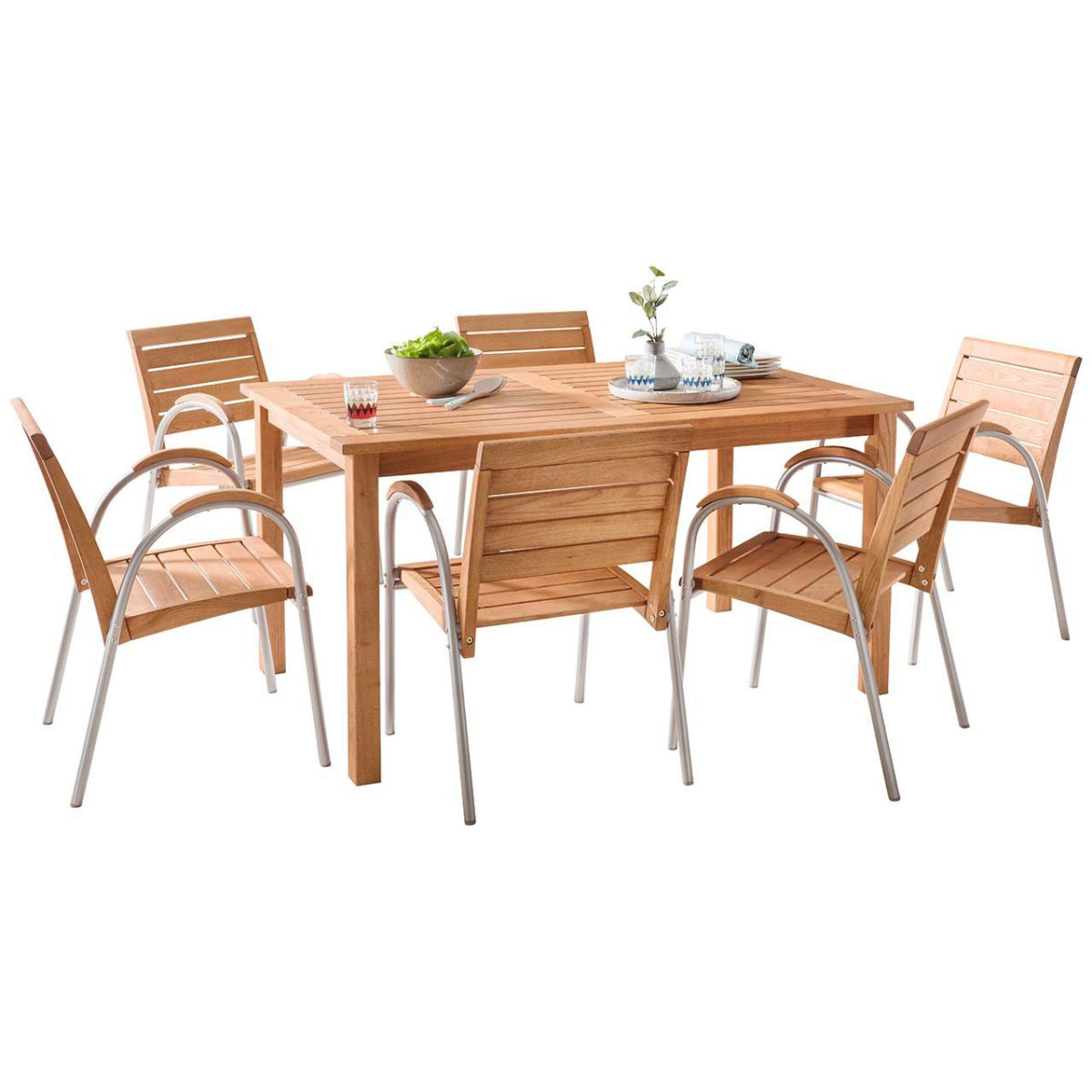 Rondo Gartenmöbel-Set 'Solano' 7-teilig, 6 Stühle, 1 Tisch 150 x 90 cm; 150x90x75 cm (BxTxH); Sitz braun, Gestell silber