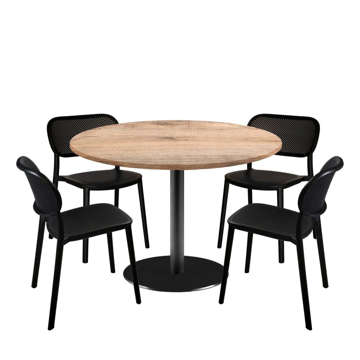RestooTab Esstisch-Set Rome XL mit 4 Stühlen - Dekor Holz 120x120x75x120 cm (LxBxHxØ); eiche/hellbraun; Gestell schwarz; rund