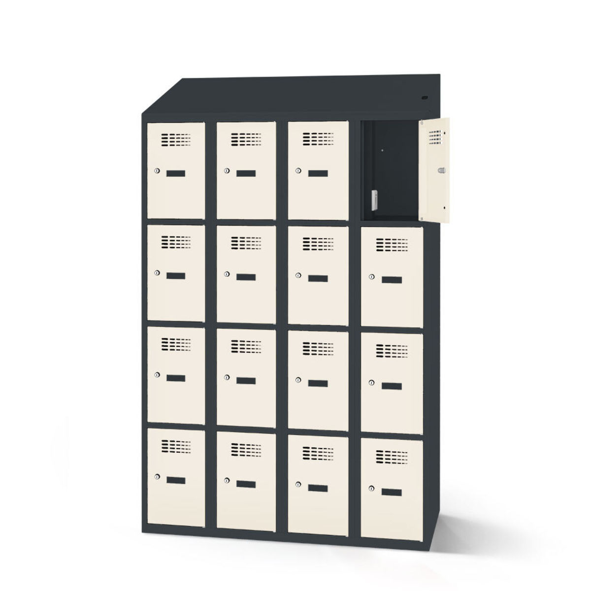 rotstahl Fächerschrank mit Ladefunktion 16 Fächer mit anthrazitgrauem Korpus 120x200 cm (BxH); weiß