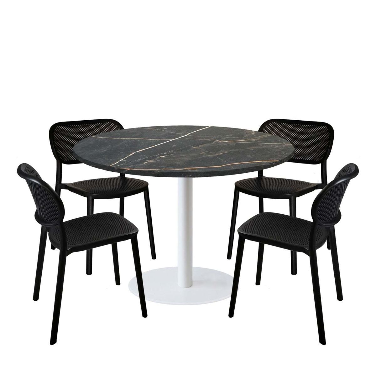 RestooTab Esstisch-Set Rome XL Gestell weiß mit 4 Stühlen - Dekor Stein 120x120x75x120 cm (LxBxHxØ); schwarz/gold/marmoriert; Gestell schwarz; rund