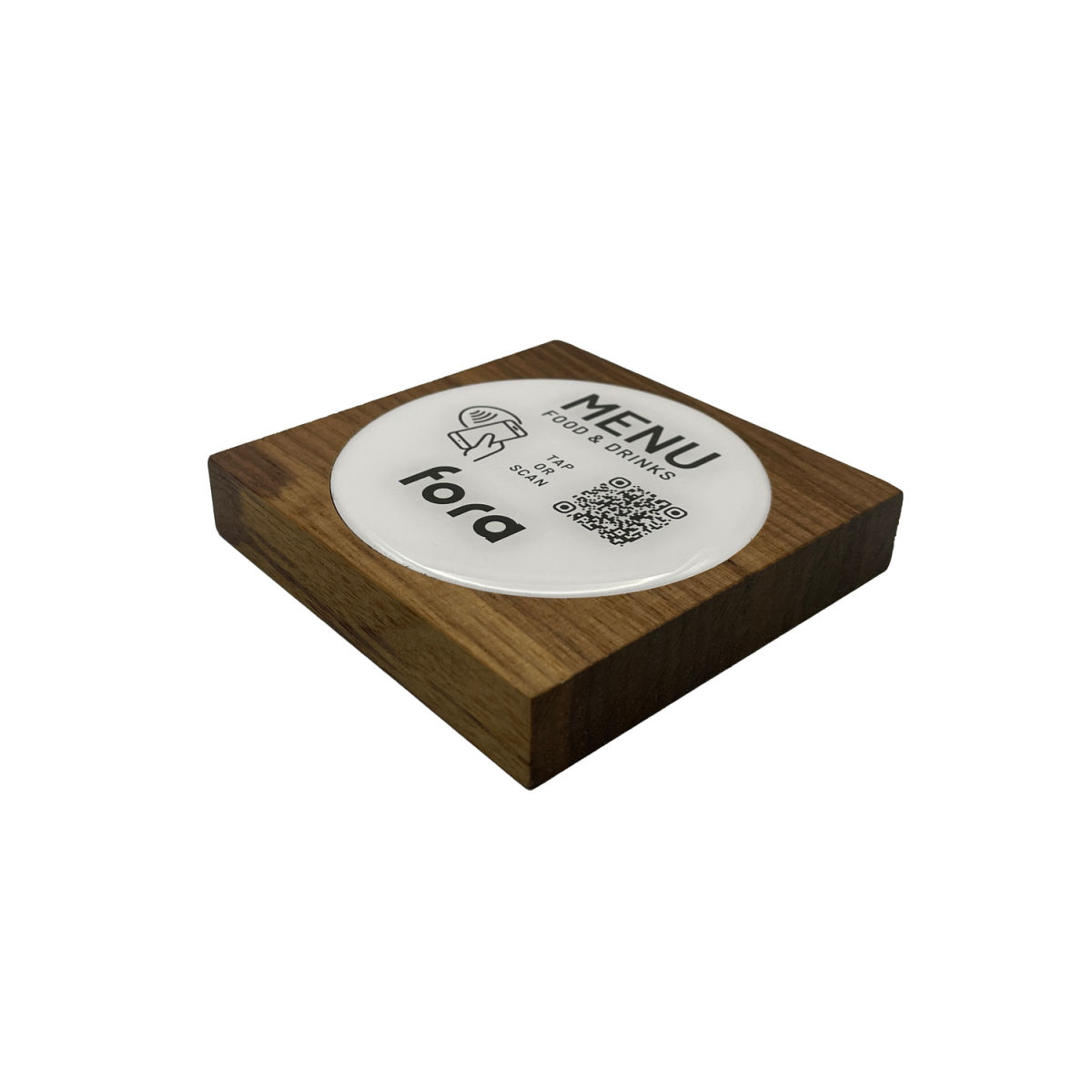 PRODUCTMATE Tischaufsteller liegend schräg mit QR-Code Aufkleber glänzend und NFC-Chip 11x11 cm (BxH); nussbaum; 25 Stück / Pack