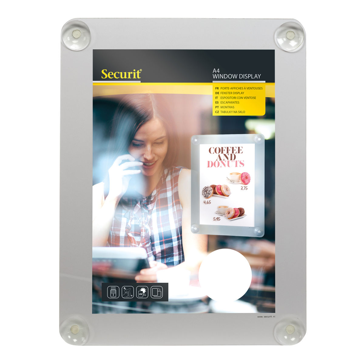 Porta-poster A4 per vetrina - Grigio - Con 4 ventose - Doppio lato Securit; 27x35.5 cm (LxH); grigio