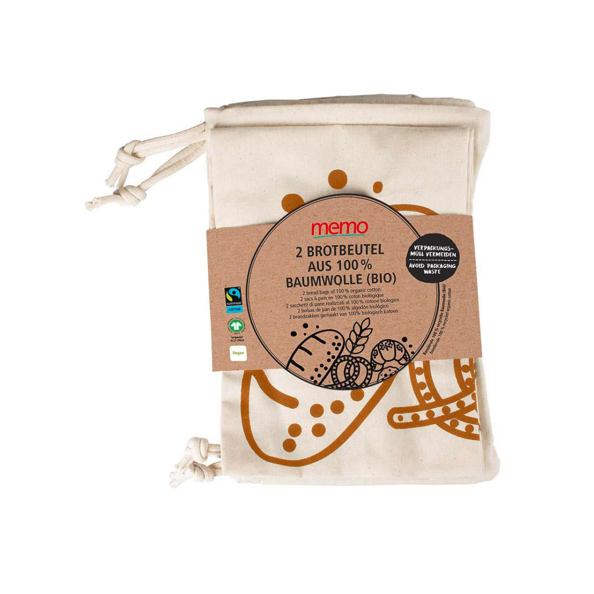 memo 2er-Pack memo Bio-Brotbeutel 35 x 40 cm; 35 cm (B); natur; 2 Stück / Pack