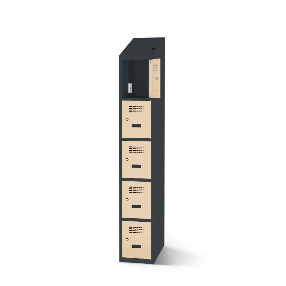 rotstahl Fächerschrank mit Ladefunktion 5 Fächer mit anthrazitgrauem Korpus 40x200 cm (BxH); elfenbein