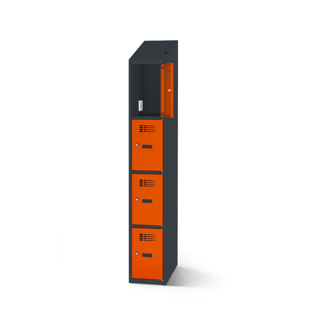 rotstahl Fächerschrank mit Ladefunktion 4 Fächer mit anthrazitgrauem Korpus 40x200 cm (BxH); orange