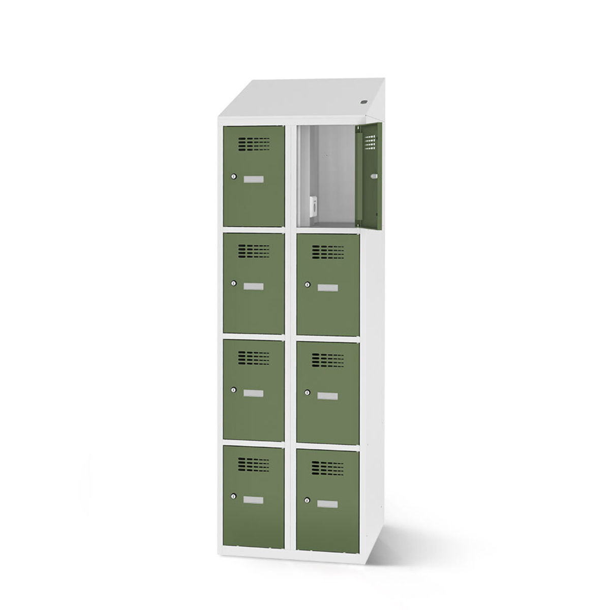 rotstahl Fächerschrank mit Ladefunktion 8 Fächer mit lichtgrauem Korpus 80x200 cm (BxH); hellgrün