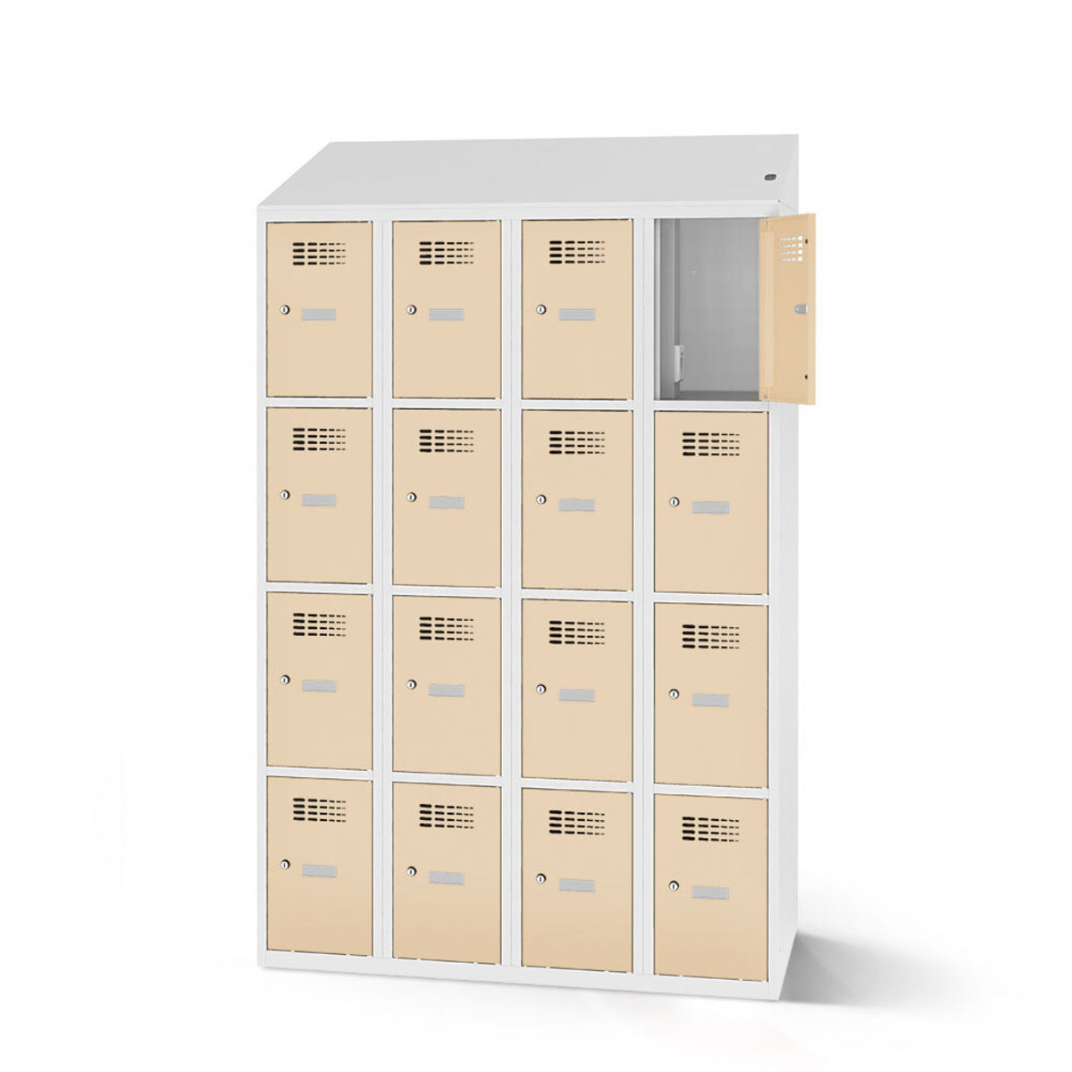 rotstahl Fächerschrank mit Ladefunktion 16 Fächer mit lichtgrauem Korpus 120x200 cm (BxH); elfenbein