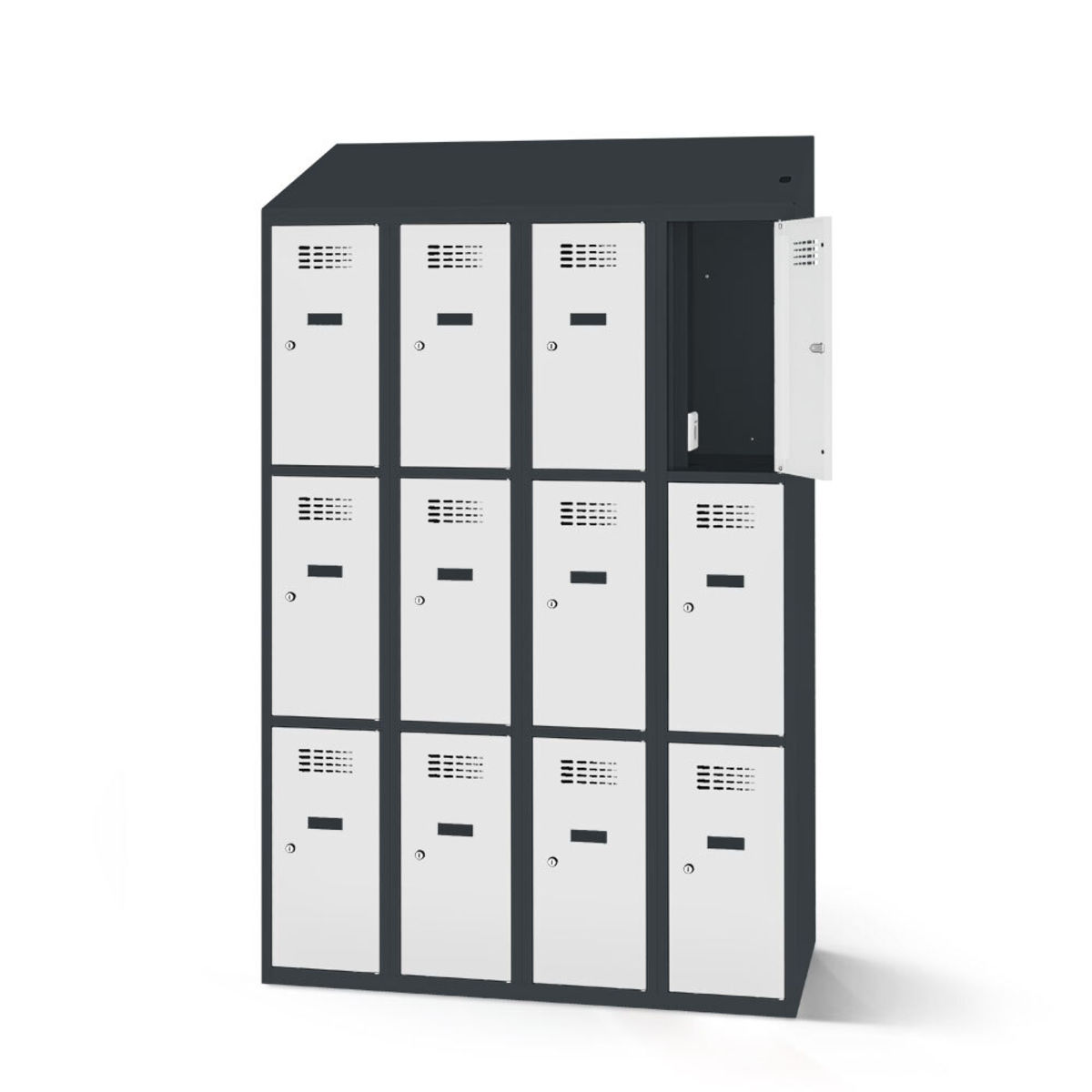 rotstahl Fächerschrank mit Ladefunktion 12 Fächer 4x3 mit anthrazitgrauem Korpus 120x200 cm (BxH); hellgrau