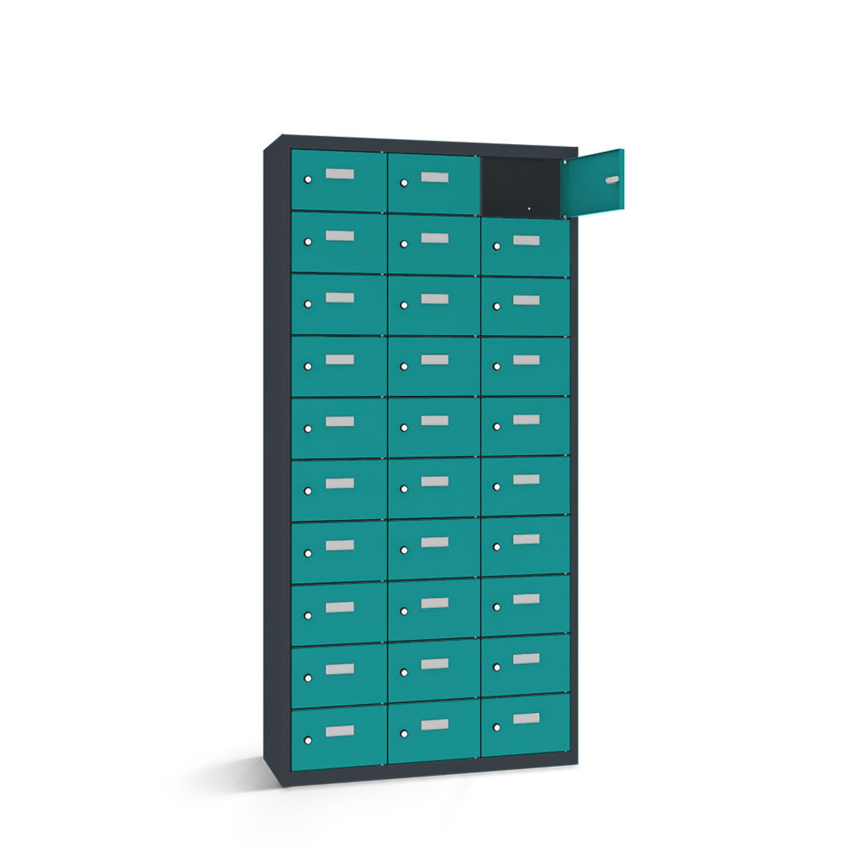 rotstahl Wertfachschrank 30 Fächer mit anthrazitgrauem Korpus 87.5x50x180 cm (BxTxH); türkis