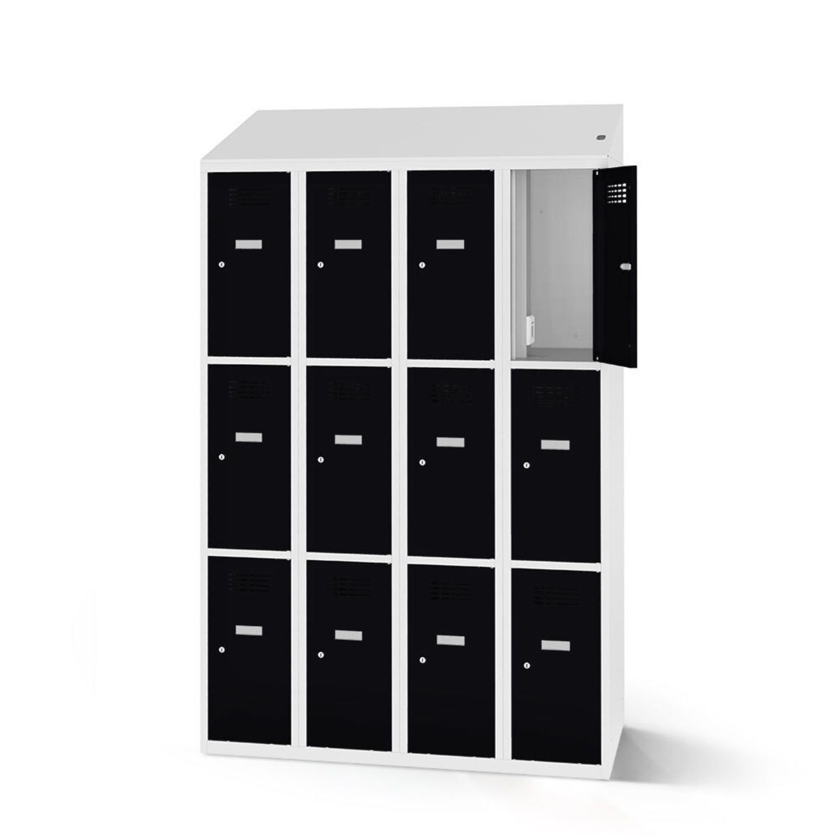 rotstahl Fächerschrank mit Ladefunktion 12 Fächer 4x3 mit lichtgrauem Korpus 120x200 cm (BxH); schwarz