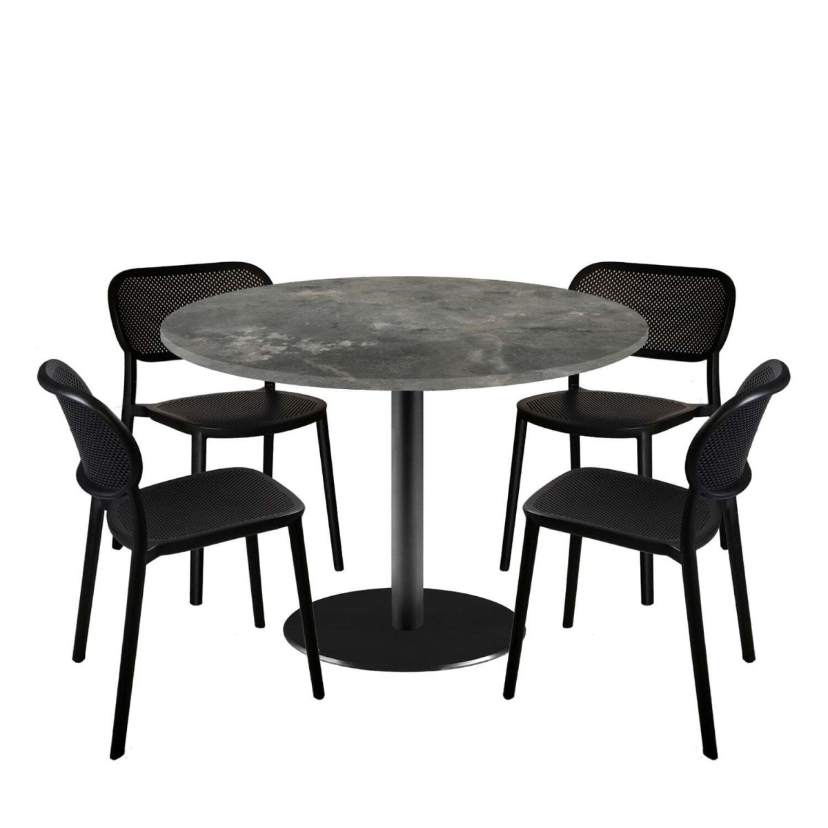 RestooTab Esstisch-Set Rome XL mit 4 Stühlen - Dekor Stein 120x120x75x120 cm (LxBxHxØ); graublau; Gestell schwarz; rund