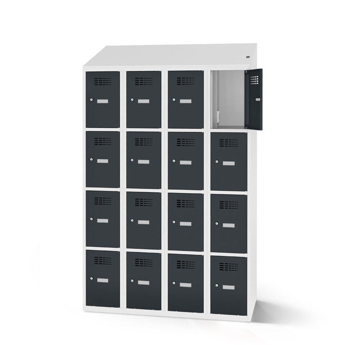 rotstahl Fächerschrank mit Ladefunktion 16 Fächer mit lichtgrauem Korpus 120x200 cm (BxH); anthrazit