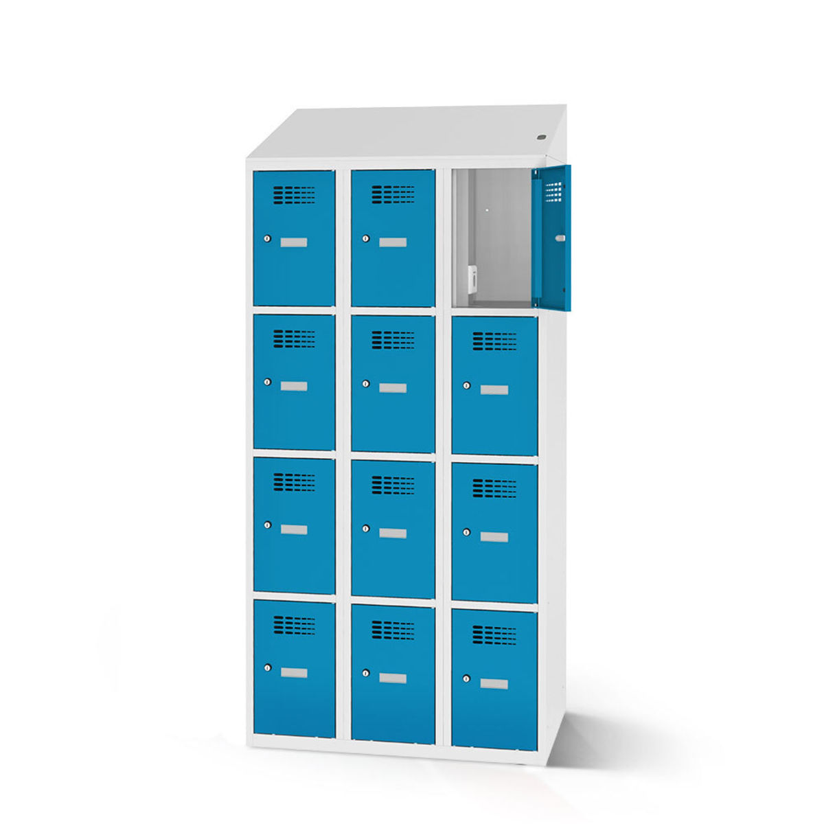 rotstahl Fächerschrank mit Ladefunktion 12 Fächer 3x4 mit lichtgrauem Korpus 90x200 cm (BxH); blau