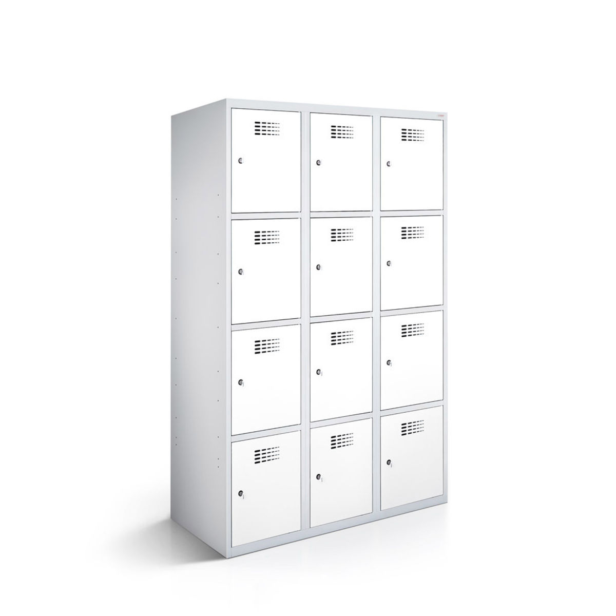 rotstahl Fächerschrank 12 Fächer 3x4 mit lichtgrauem Korpus 120x50x180 cm (BxTxH); weiß