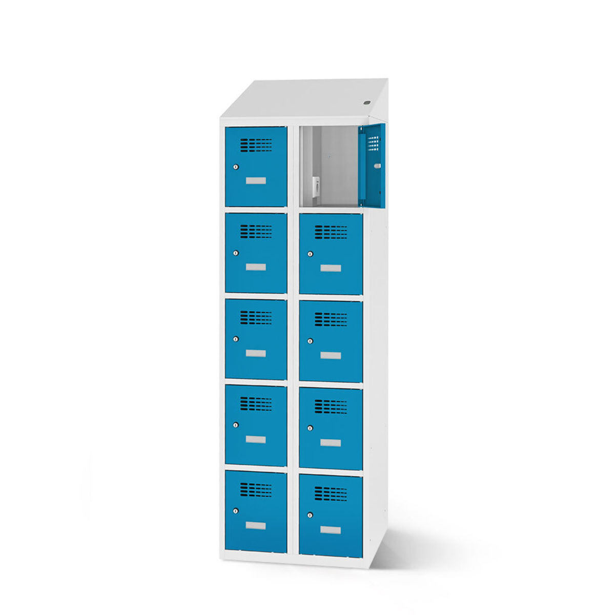rotstahl Fächerschrank mit Ladefunktion 10 Fächer mit lichtgrauem Korpus 60x200 cm (BxH); blau