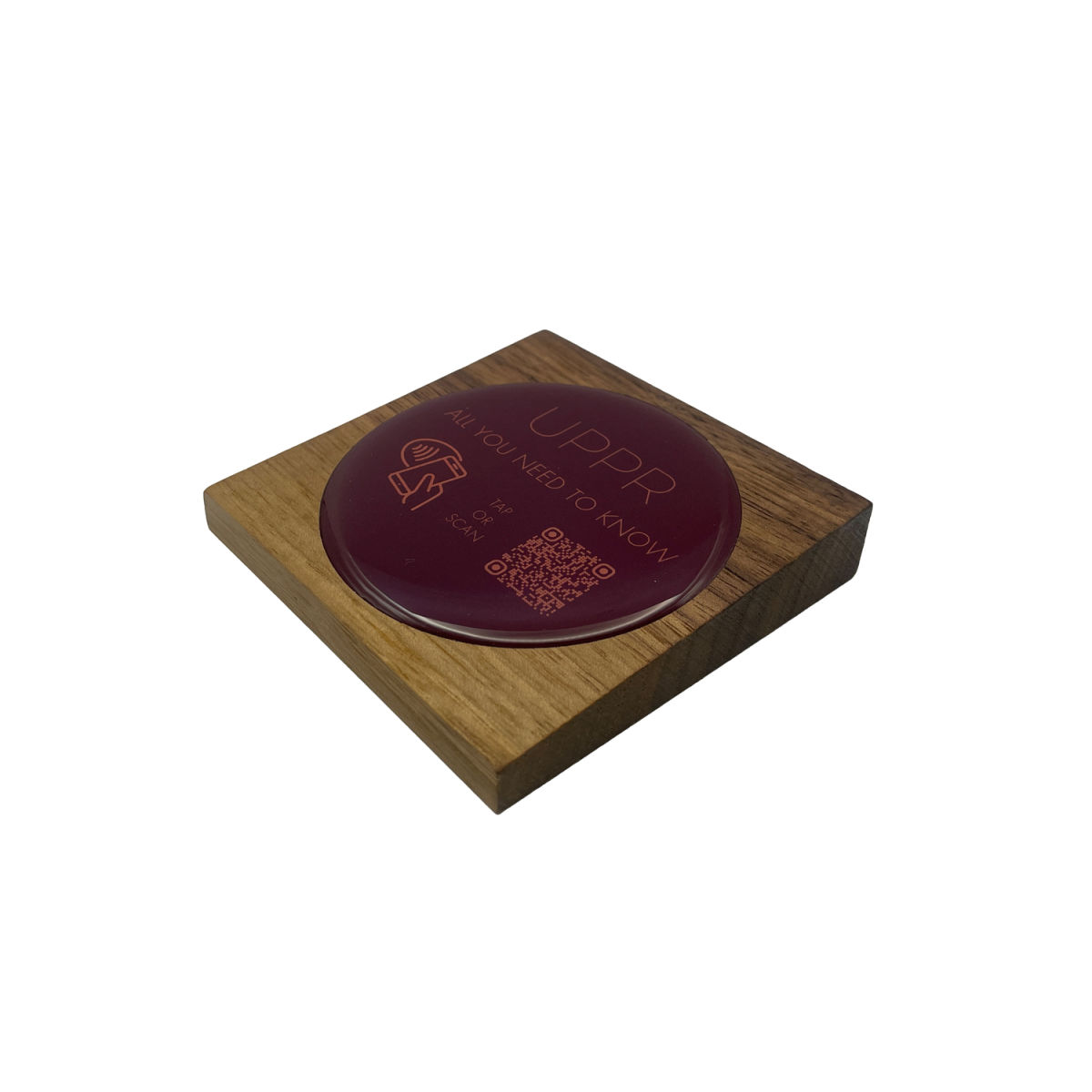 PRODUCTMATE Tischaufsteller liegend schräg mit QR-Code Aufkleber matt und NFC-Chip 11x11 cm (BxH); nussbaum; 25 Stück / Pack