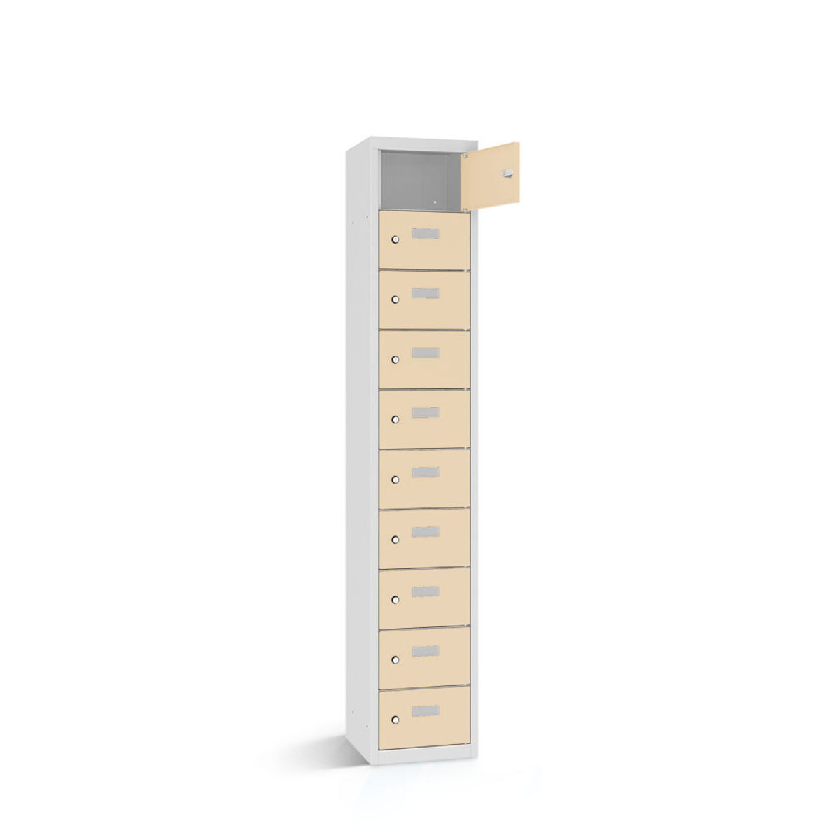rotstahl Wertfachschrank 10 Fächer mit lichtgrauem Korpus 42.5x30x180 cm (BxTxH); elfenbein