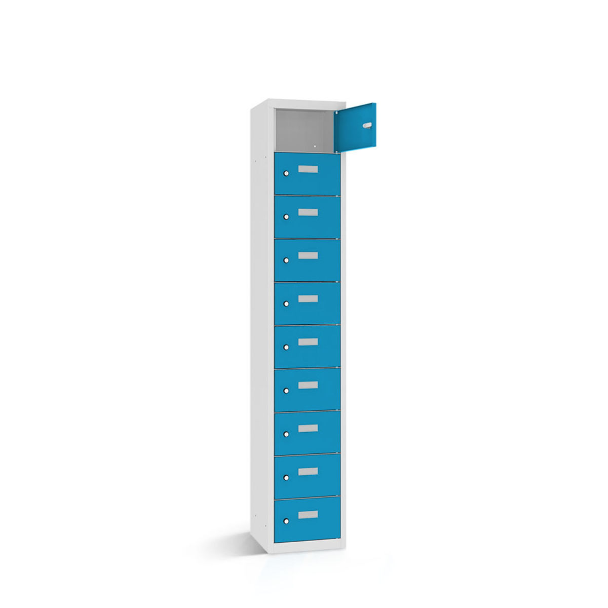 rotstahl Wertfachschrank 10 Fächer mit lichtgrauem Korpus 32.5x30x180 cm (BxTxH); blau