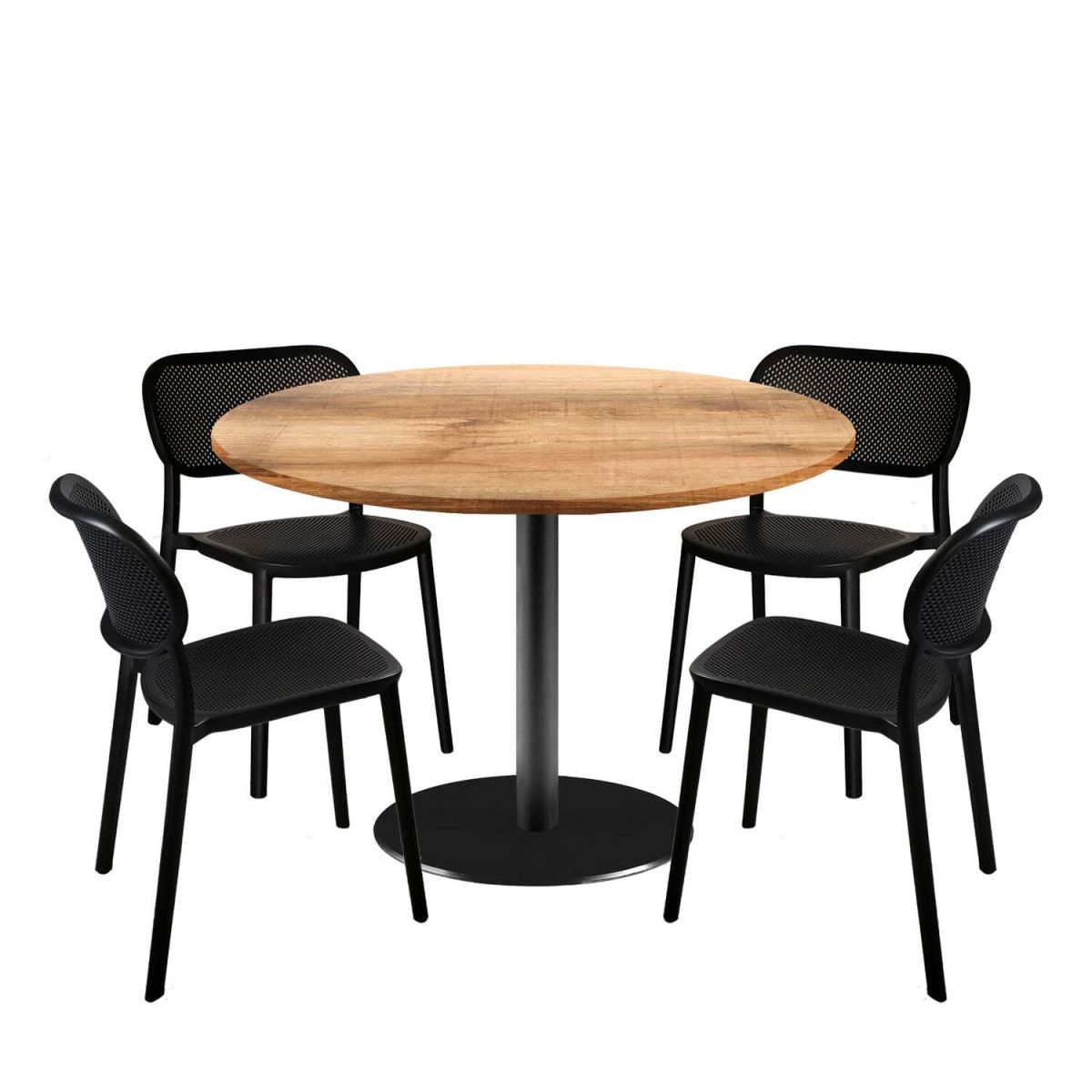 RestooTab Esstisch-Set Rome XL mit 4 Stühlen - Dekor Holz 120x120x75x120 cm (LxBxHxØ); eiche/braun; Gestell schwarz; rund