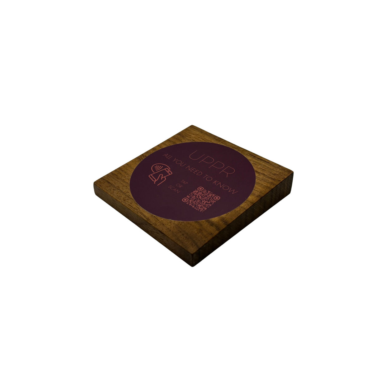 PRODUCTMATE Tischaufsteller liegend schräg mit QR-Code Aufkleber glänzend und NFC-Chip 11x11 cm (BxH); nussbaum; 25 Stück / Pack
