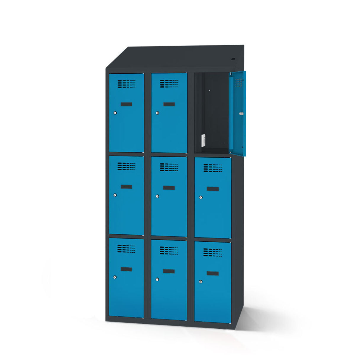 rotstahl Fächerschrank mit Ladefunktion 9 Fächer mit anthrazitgrauem Korpus 90x200 cm (BxH); blau