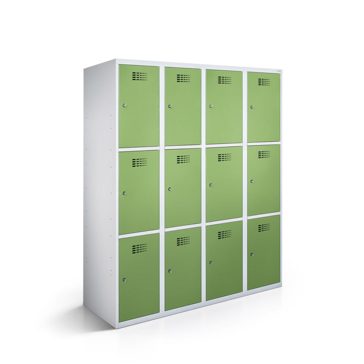rotstahl Fächerschrank 12 Fächer 4x3 mit lichtgrauem Korpus 120x50x180 cm (BxTxH); hellgrün