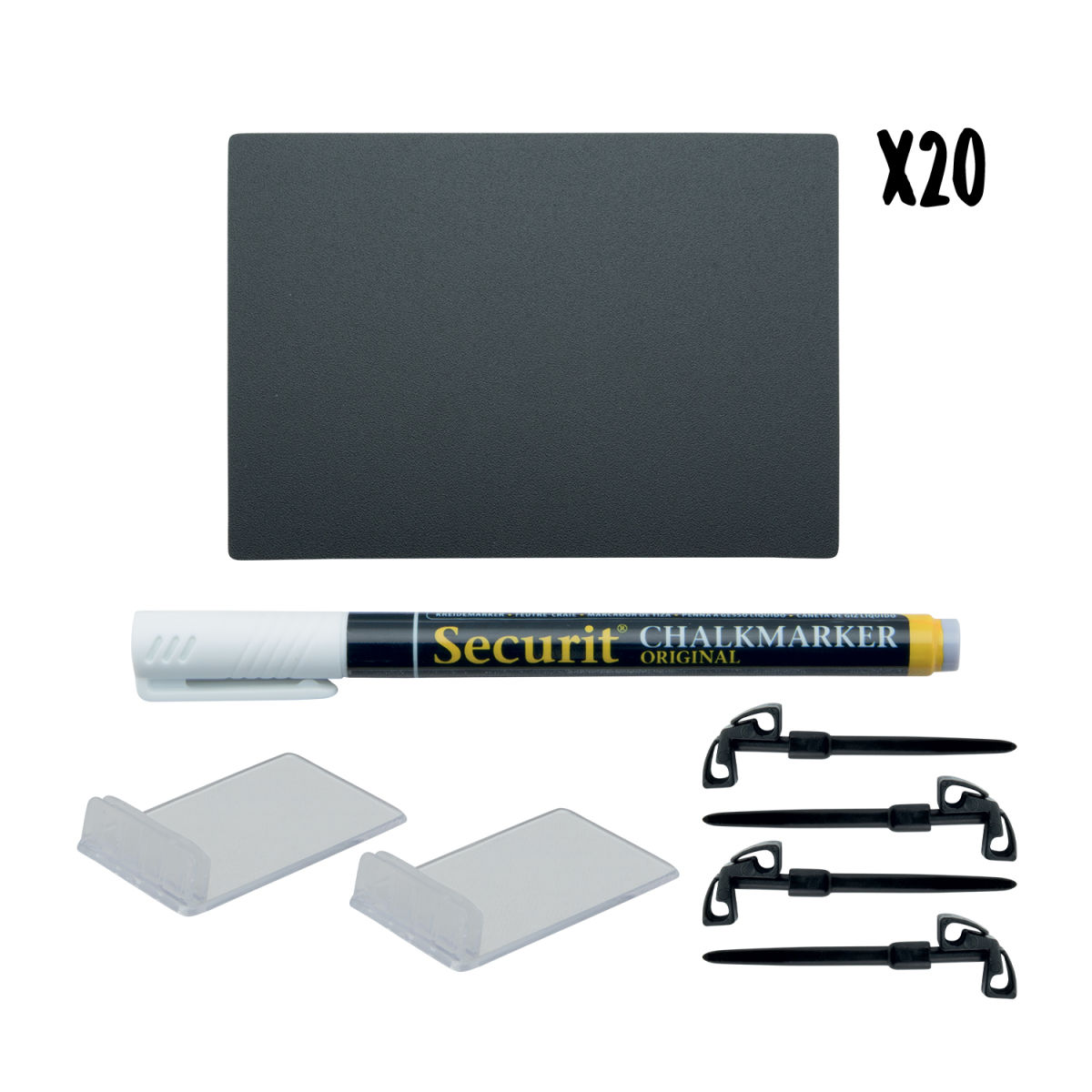 Set di 20 Lavagnette da tavolo Tags A7 - Bianco - Pennarello gesso nero e accessori inclusi Securit; 10.5x7.5 cm (LxH); nero