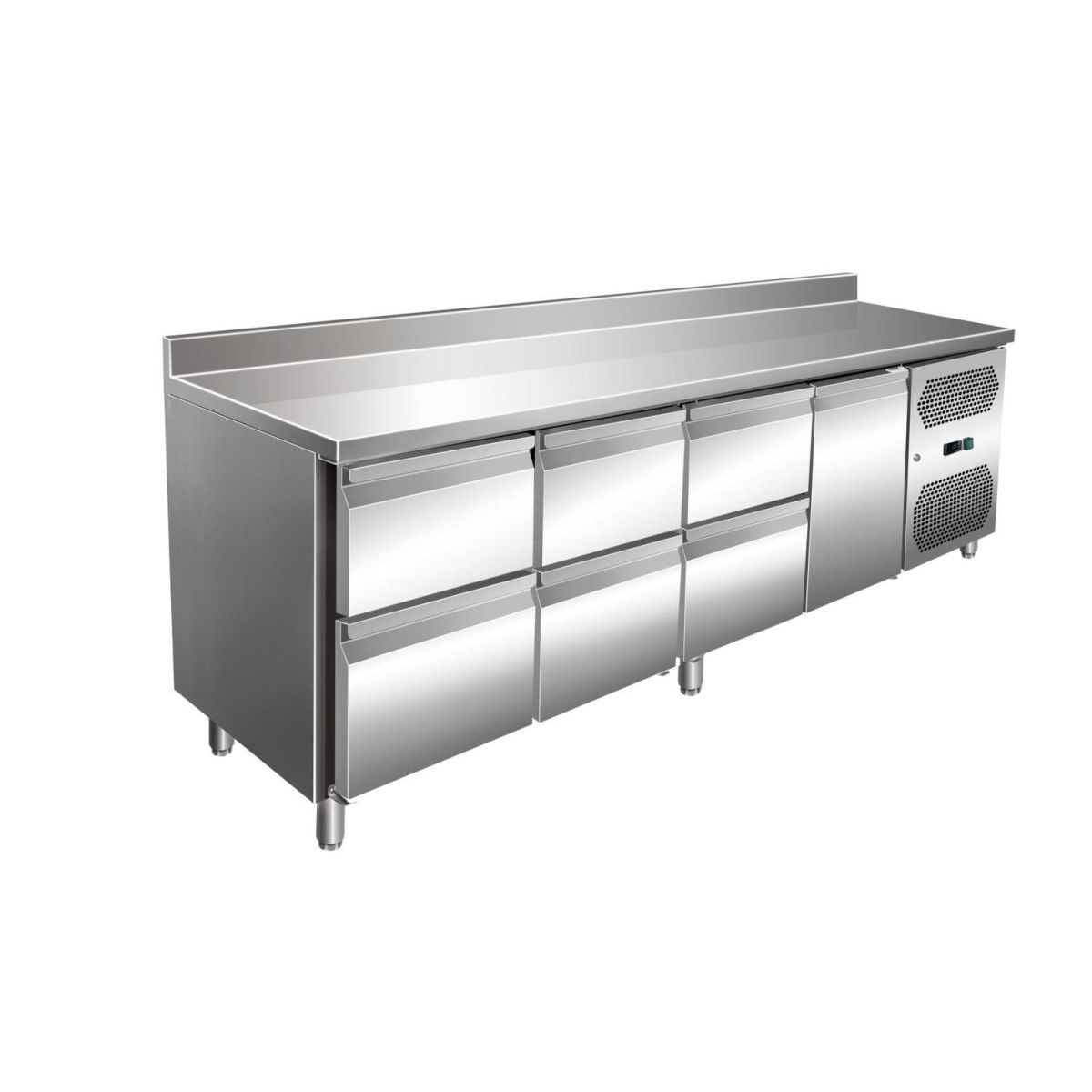 A&S Polarny VIP Kühltisch mit 3x 2 Schubladen und 1 Tür und Aufkantung -2 bis +8°C 2.230x700x960 mm 223x96x70 cm (BxHxT); edelstahl