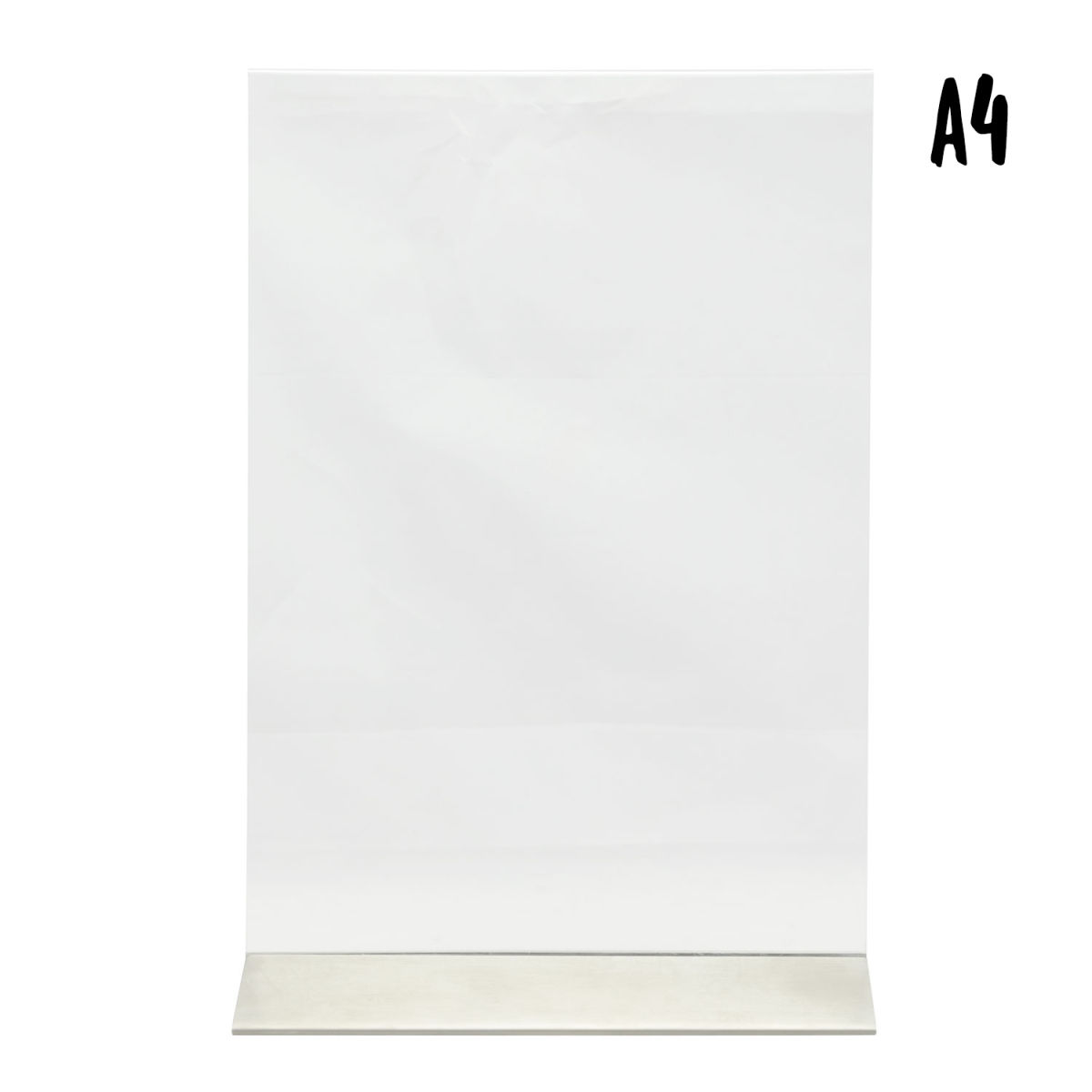 Porta-poster trasparente A4 - Verticale - Acrilico - Base in acciaio inox - Doppia faccia Securit; 7x21x31.5 cm (LxLxH); argento