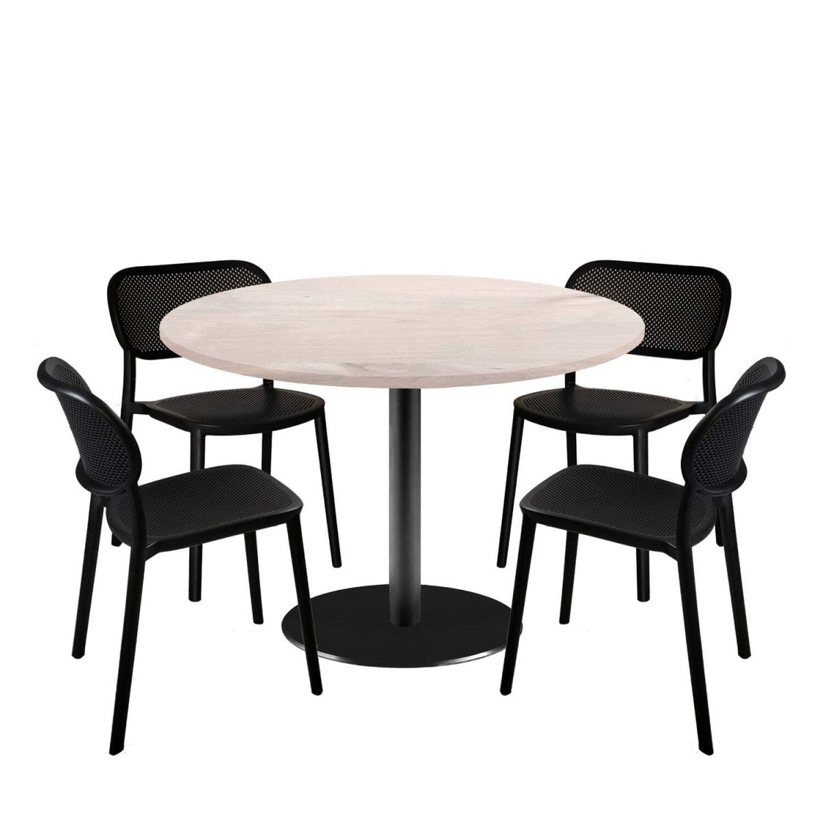 RestooTab Esstisch-Set Rome XL mit 4 Stühlen - Dekor Holz 120x120x75x120 cm (LxBxHxØ); birke/hellgrau; Gestell schwarz; rund
