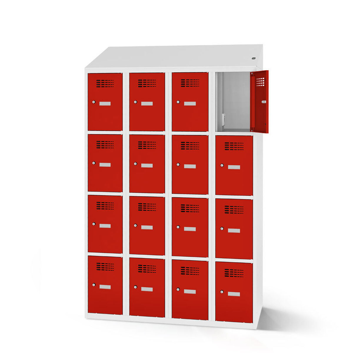 rotstahl Fächerschrank mit Ladefunktion 16 Fächer mit lichtgrauem Korpus 120x200 cm (BxH); rot