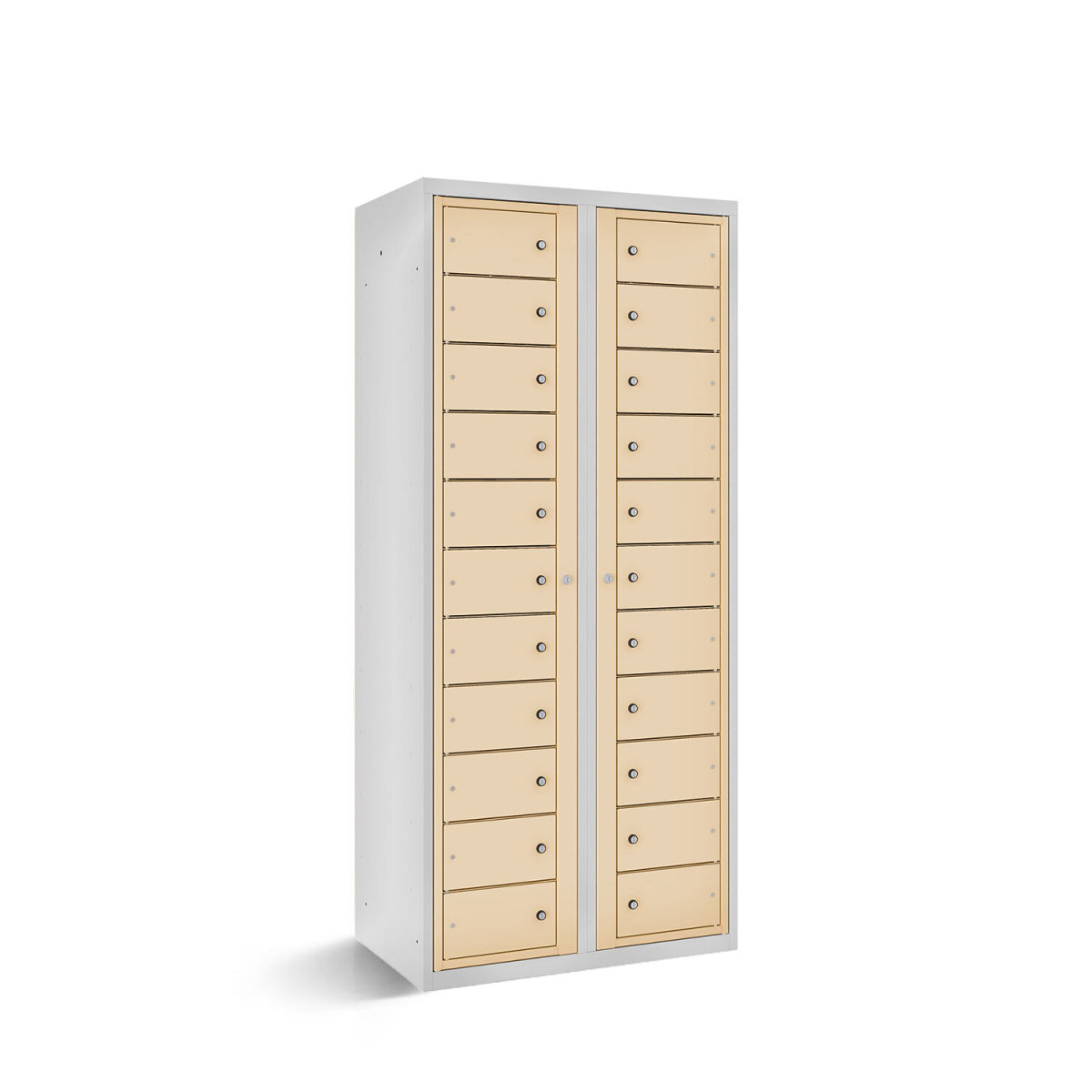 rotstahl Fächerschrank mit Zentraltüren 22 Fächer mit lichtgrauem Korpus 80x50x180 cm (BxTxH); elfenbein