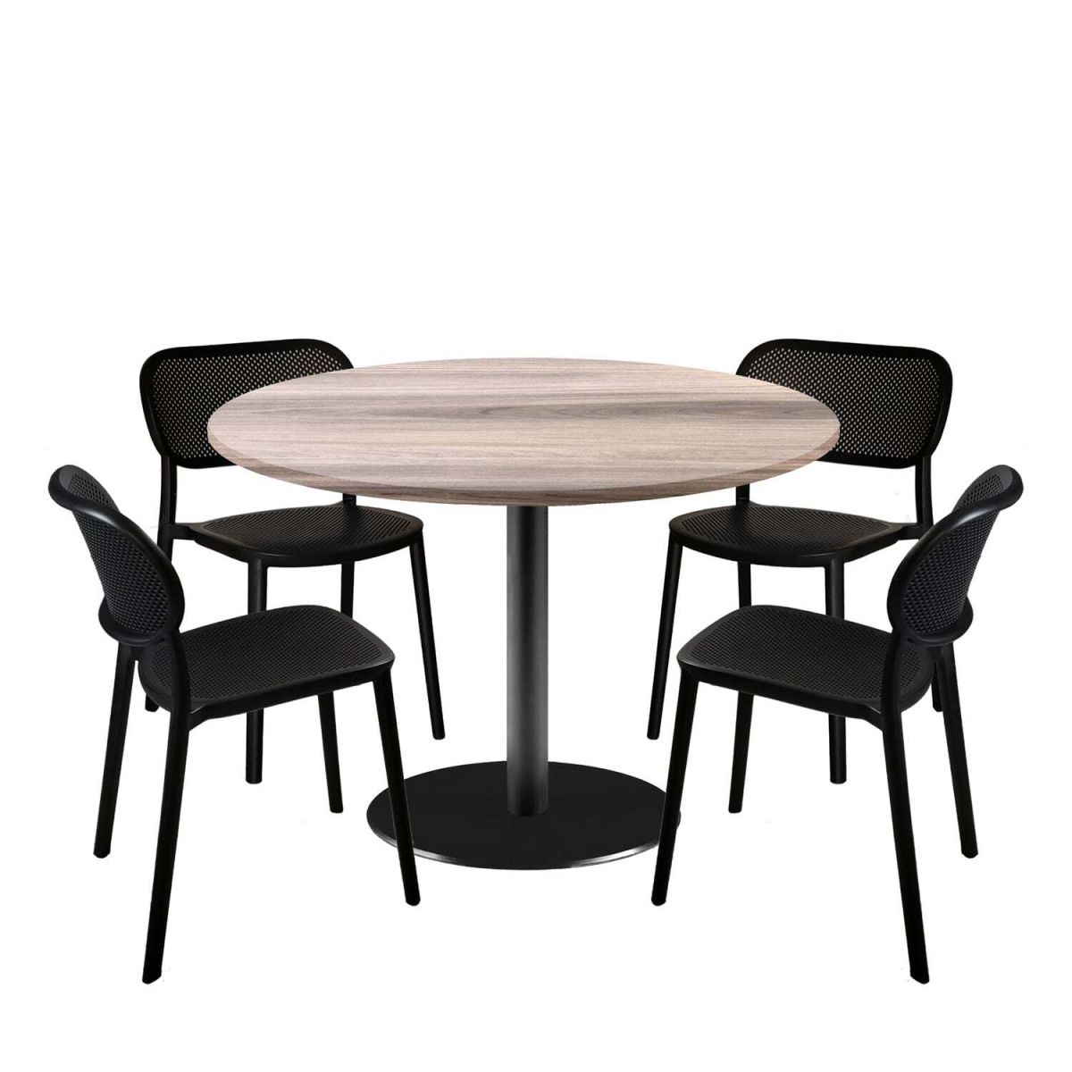 RestooTab Esstisch-Set Rome XL mit 4 Stühlen - Dekor Holz 120x120x75x120 cm (LxBxHxØ); eiche/hellgrau; Gestell schwarz; rund