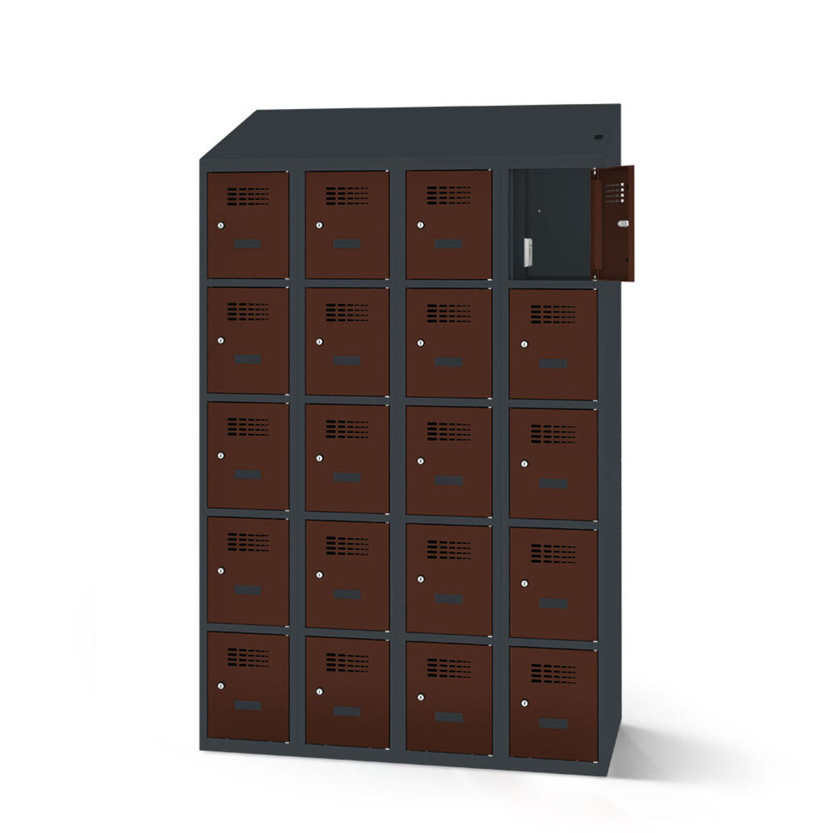 rotstahl Fächerschrank mit Ladefunktion 20 Fächer mit anthrazitgrauem Korpus 120x200 cm (BxH); mahagoni