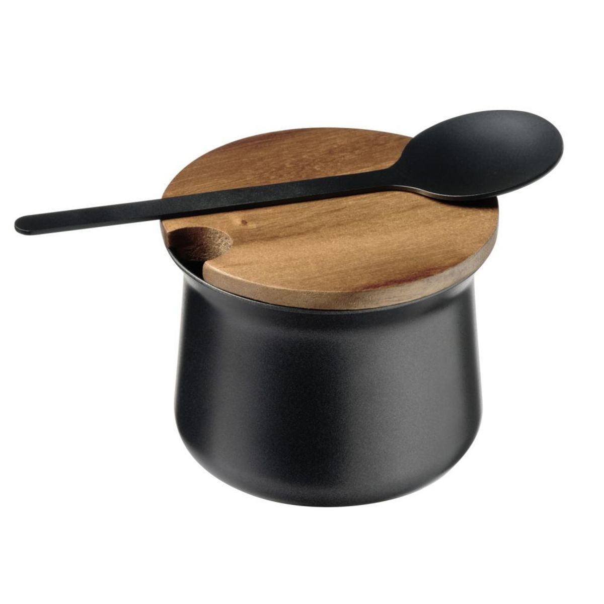 Zuckerdose mit Löffel, Edelstahl 8x8x6.5 cm (LxBxH); schwarz/braun