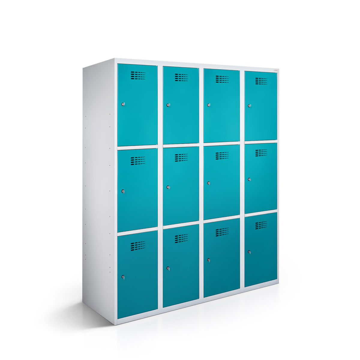 rotstahl Fächerschrank 12 Fächer 4x3 mit lichtgrauem Korpus 120x50x180 cm (BxTxH); türkis