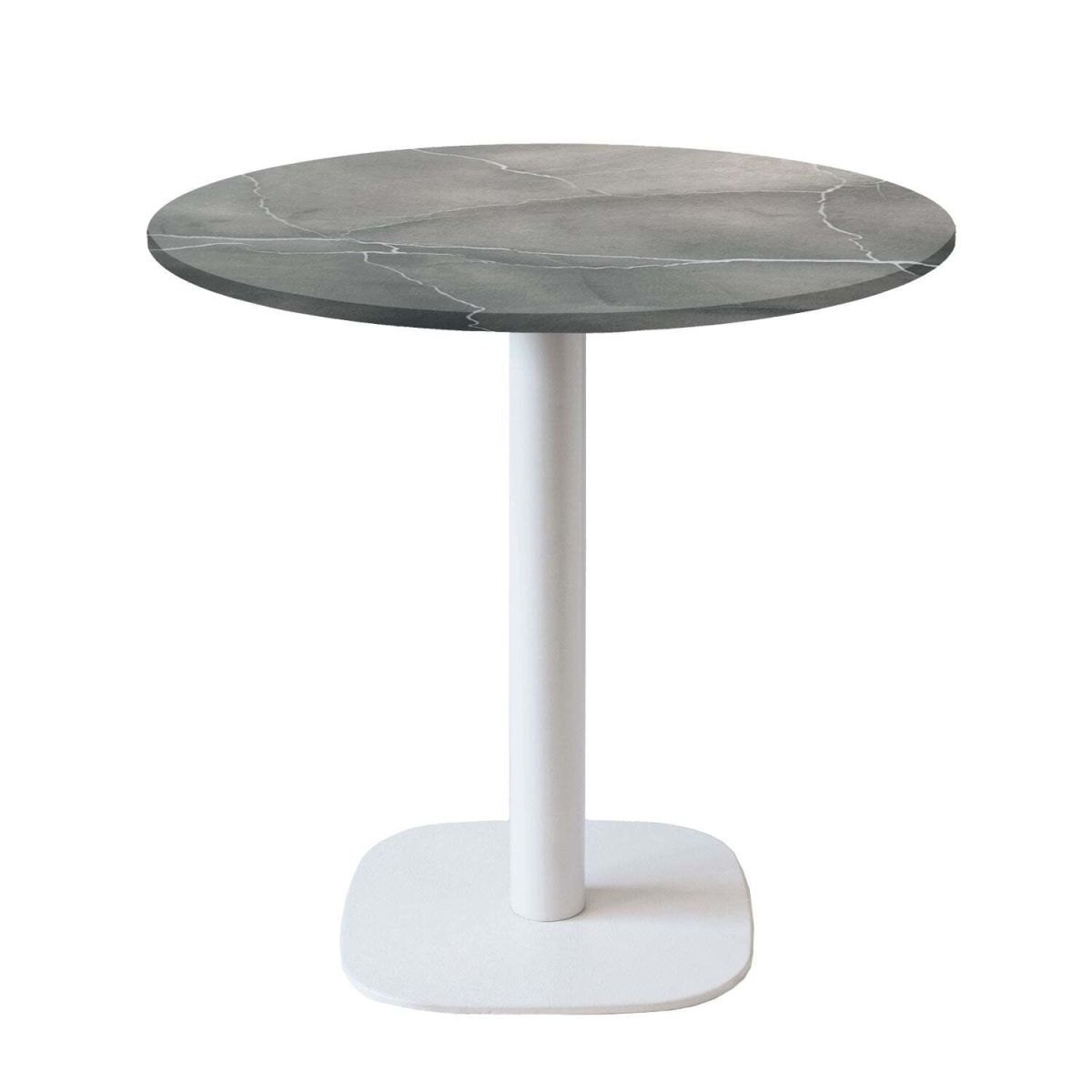 RestooTab Tisch Round rund Gestell weiß - Dekor Stein 75x70 cm (HxØ); Platte grau/blau/marmoriert, Gestell weiß; rund