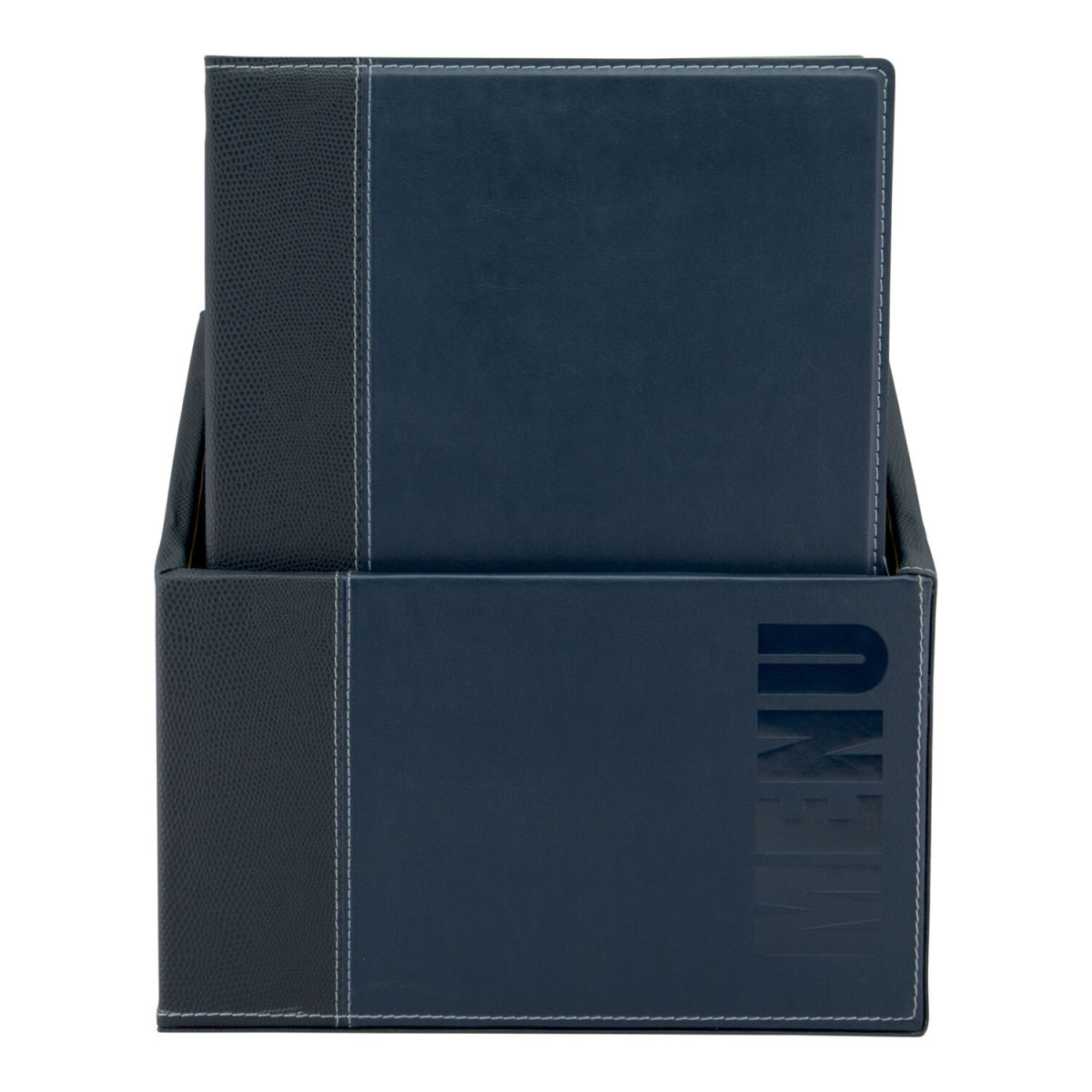 Box con 20 porta-menù A4 Trendy in similpelle – 4 viste Securit; 28x35 cm (LxH); blu