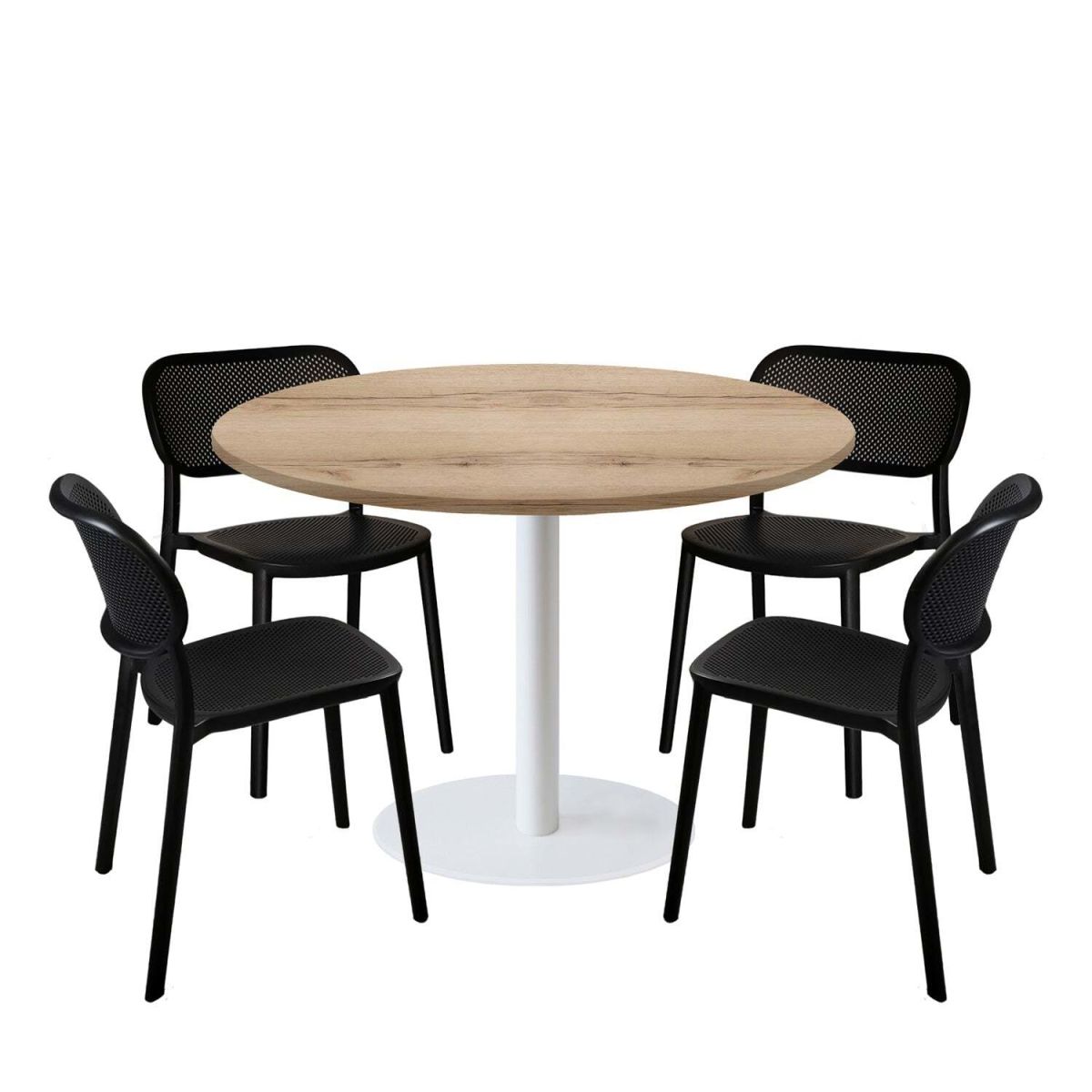 RestooTab Esstisch-Set Rome XL Gestell weiß mit 4 Stühlen - Dekor Holz & Uni 120x120x75x120 cm (LxBxHxØ); eiche/natur; Gestell schwarz; rund