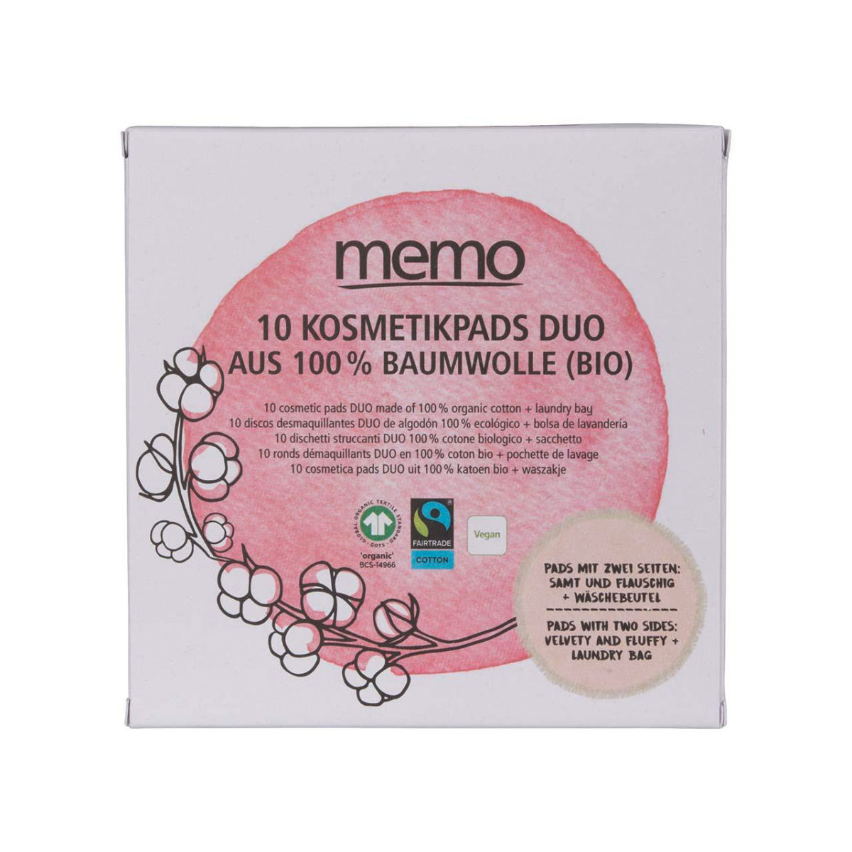 memo 10er-Pack memo Bio-Baumwoll-Kosmetikpads DUO inkl. Wäschebeutel; 10x0.4x8 cm (LxHxØ); natur; 10 Stück / Pack
