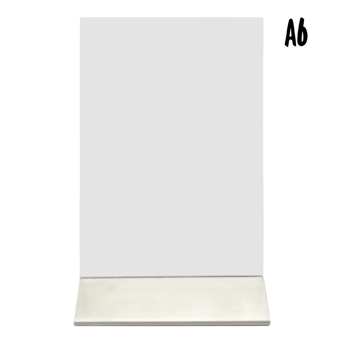 Porta-poster trasparente A5 - Verticale - Acrilico - Base in acciaio inox - Doppia faccia Securit; 7x10.5x16.5 cm (LxLxH); argento
