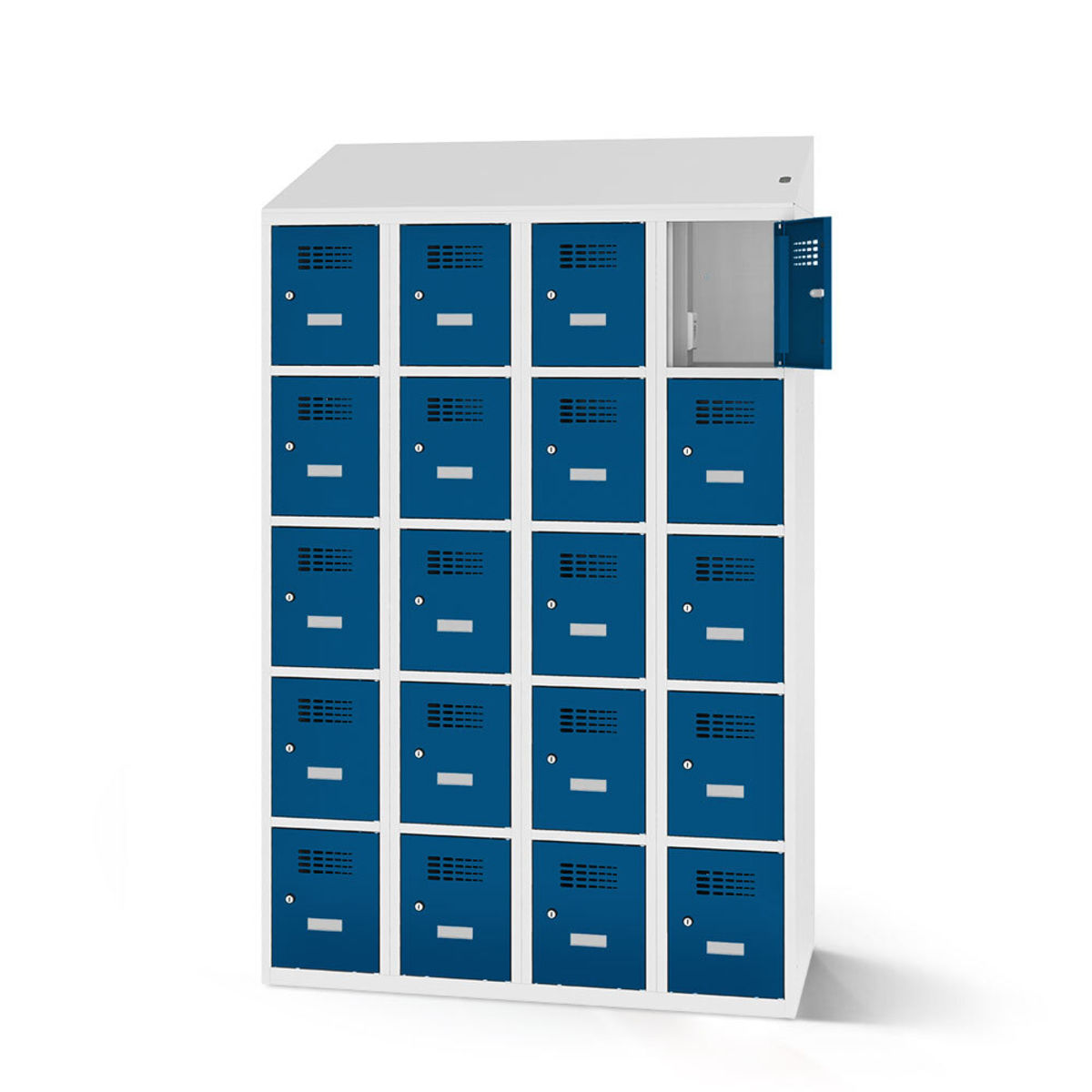 rotstahl Fächerschrank mit Ladefunktion 20 Fächer mit lichtgrauem Korpus 120x200 cm (BxH); dunkelblau