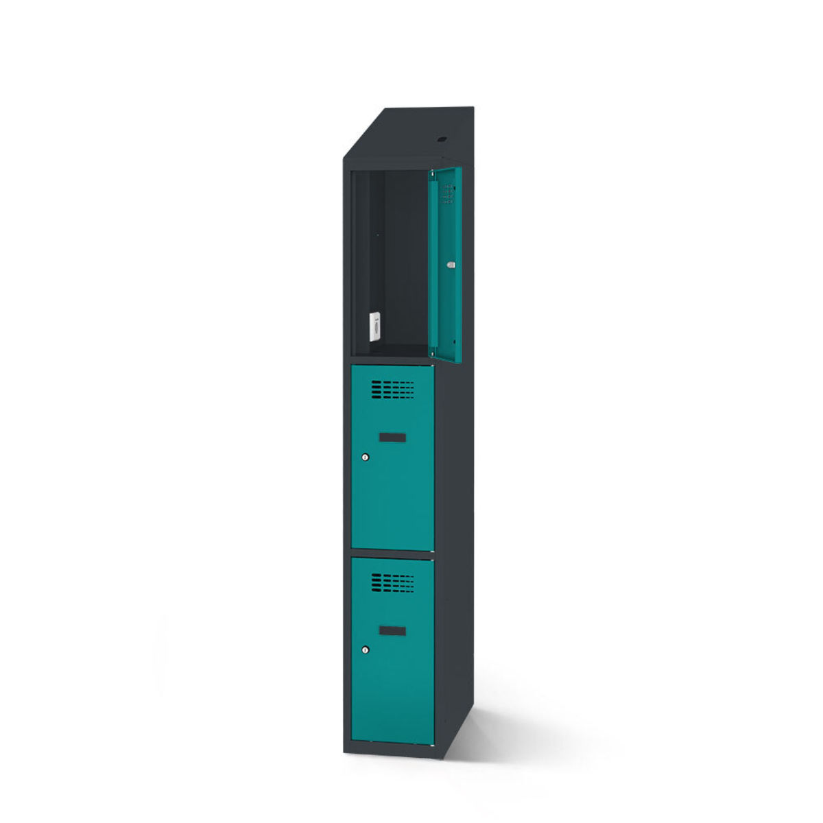 rotstahl Fächerschrank mit Ladefunktion 3 Fächer mit anthrazitgrauem Korpus 40x200 cm (BxH); türkis