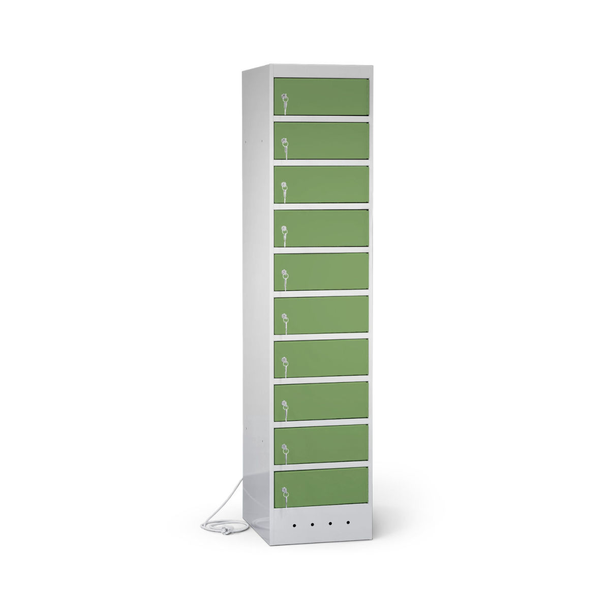 rotstahl Laptopschrank 10 Fächer mit lichtgrauem Korpus 40x180 cm (BxH); hellgrün