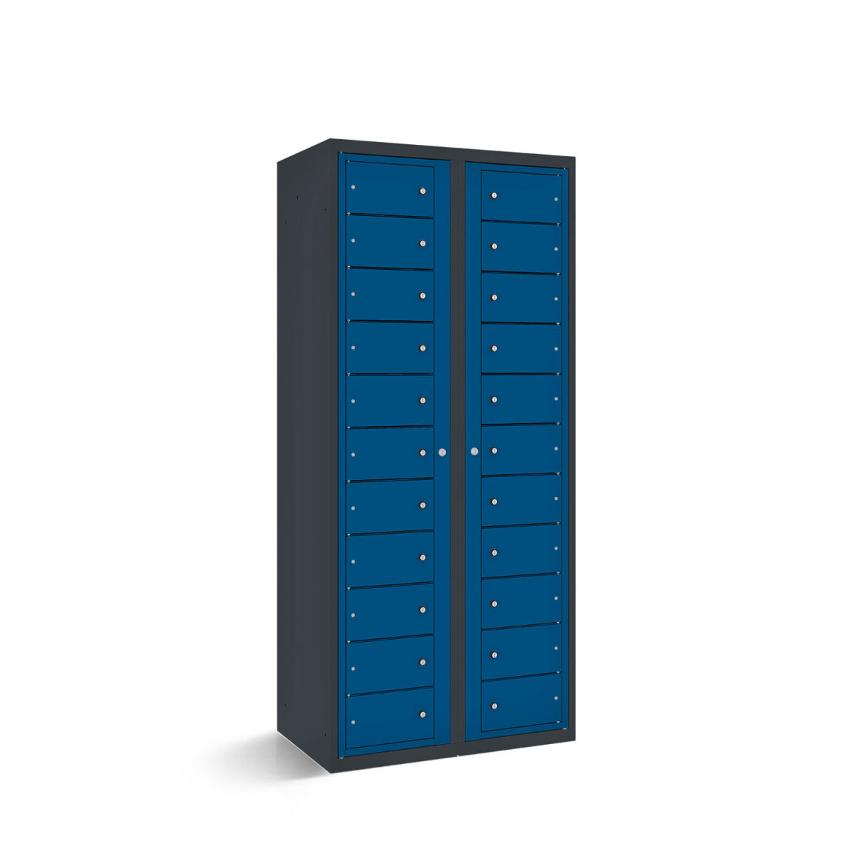 rotstahl Fächerschrank mit Zentraltüren 22 Fächer mit anthrazitgrauem Korpus 80x50x180 cm (BxTxH); dunkelblau